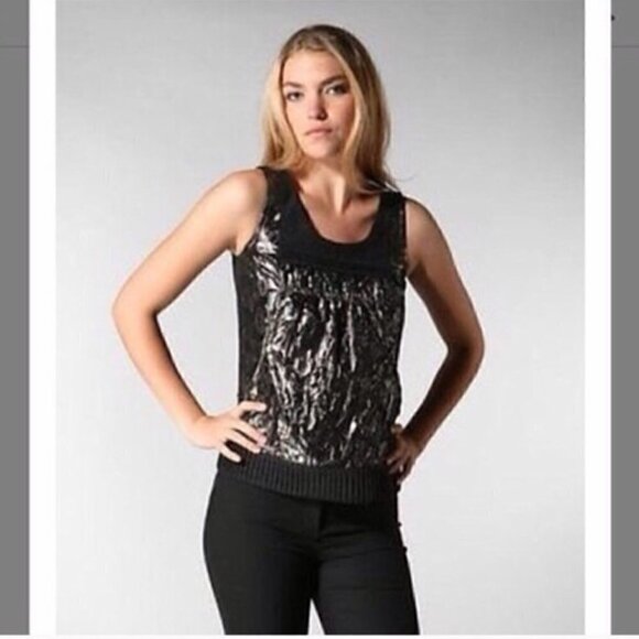 Tory Burch Tank Top 8 Lamé Wool Metallic Sleeveless Leopard Animal Black Luxury - Picture 3 of 6